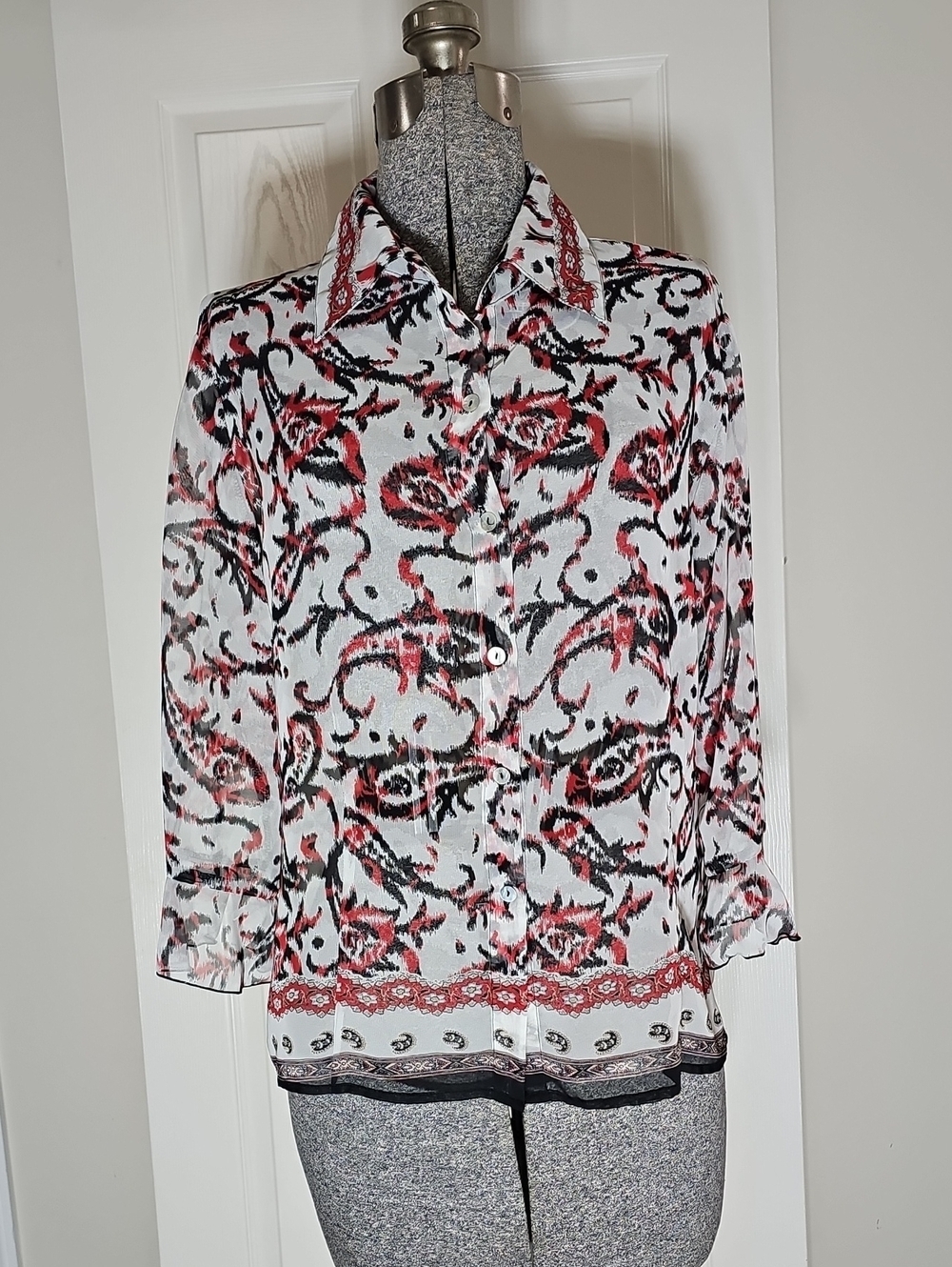 Vintage Nicola Sheer Button Front Long Sleeve Paisley Top Size Large